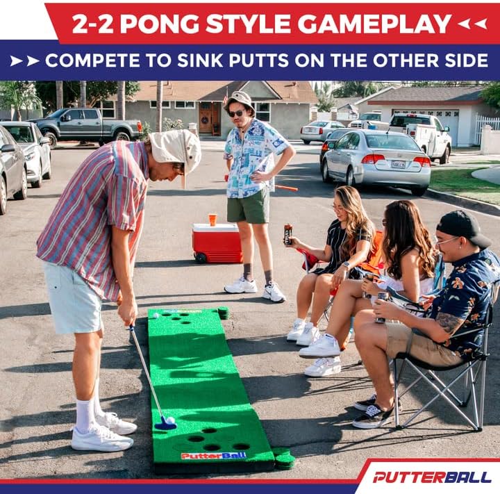 Original Golf Pong Game Set – Backyard 12 ft Putting Green Golf Mat with 2 Putters, 2 Balls & Hole Covers
