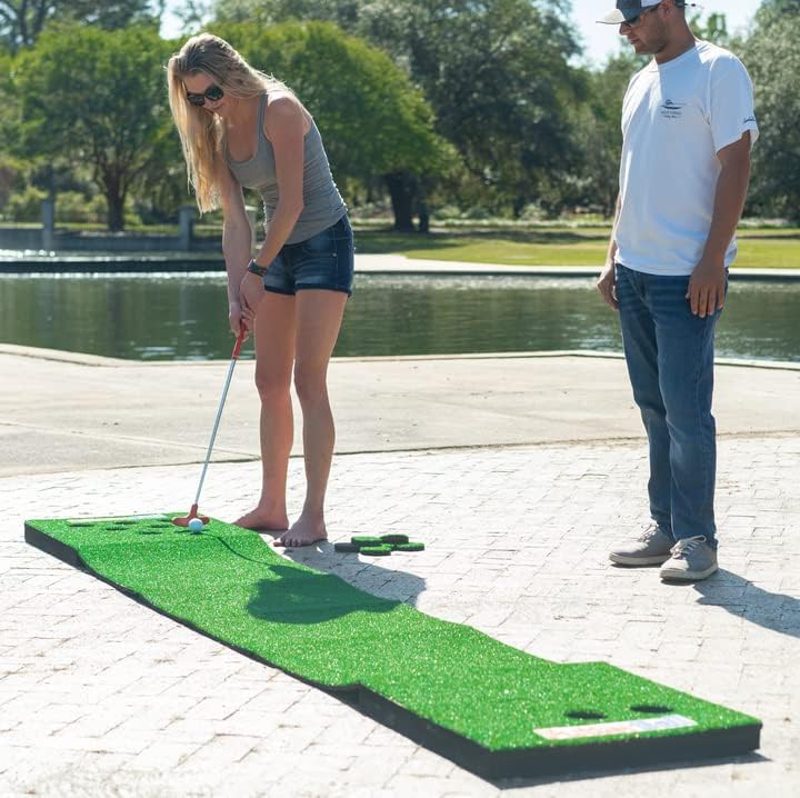 Original Golf Pong Game Set – Backyard 12 ft Putting Green Golf Mat with 2 Putters, 2 Balls & Hole Covers