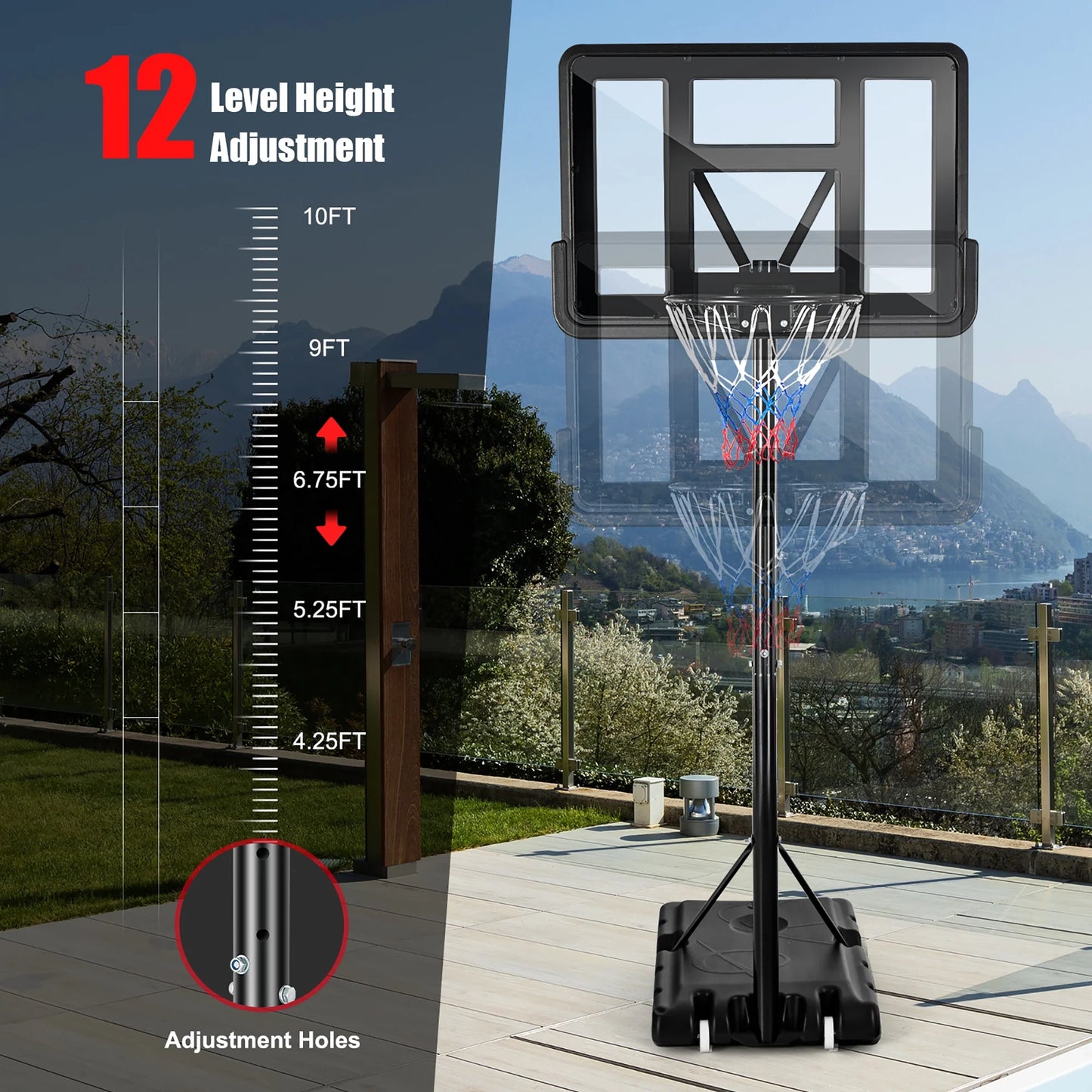 Costway 4.5'-10' Adjustable Height Shatterproof Outdoor Portable Basketball System (Adult)